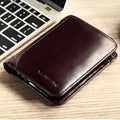 Men's leather wallet showing multiple internal compartments including photo position, card slots and banknote folder
