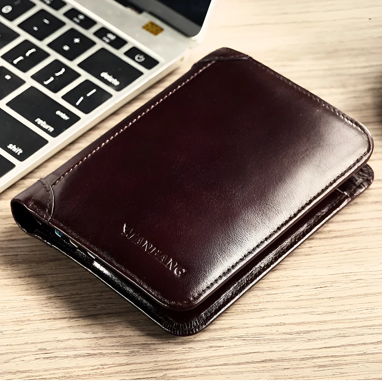 Men's leather wallet showing multiple internal compartments including photo position, card slots and banknote folder