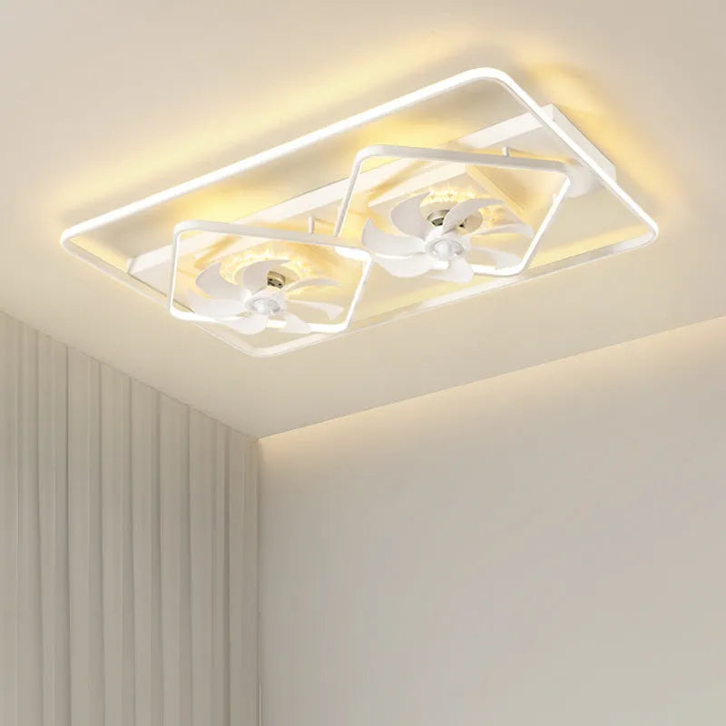 Modern minimalist ceiling fan with integrated acrylic light fixture, 110cm wide.