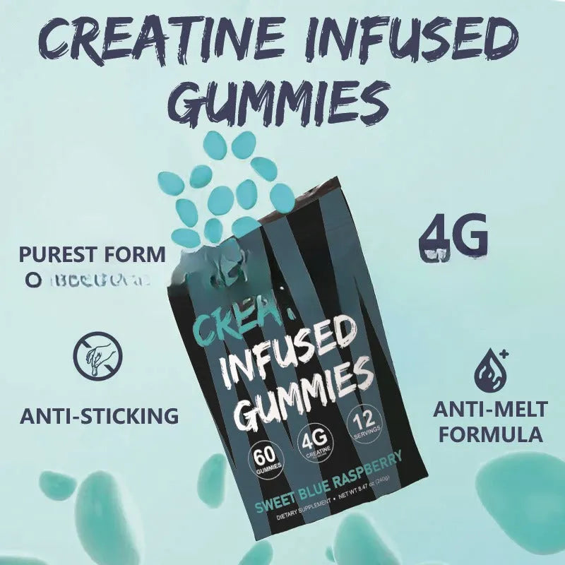 Creatine monohydrate gummy supplement, 60 pieces, one bag with label, room temperature storage