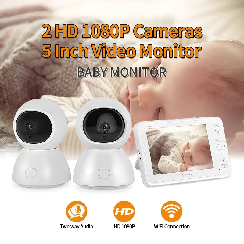 White 5-inch baby monitor surveillance camera with 3.6mm lens, 1080P resolution, and 100m infrared range.