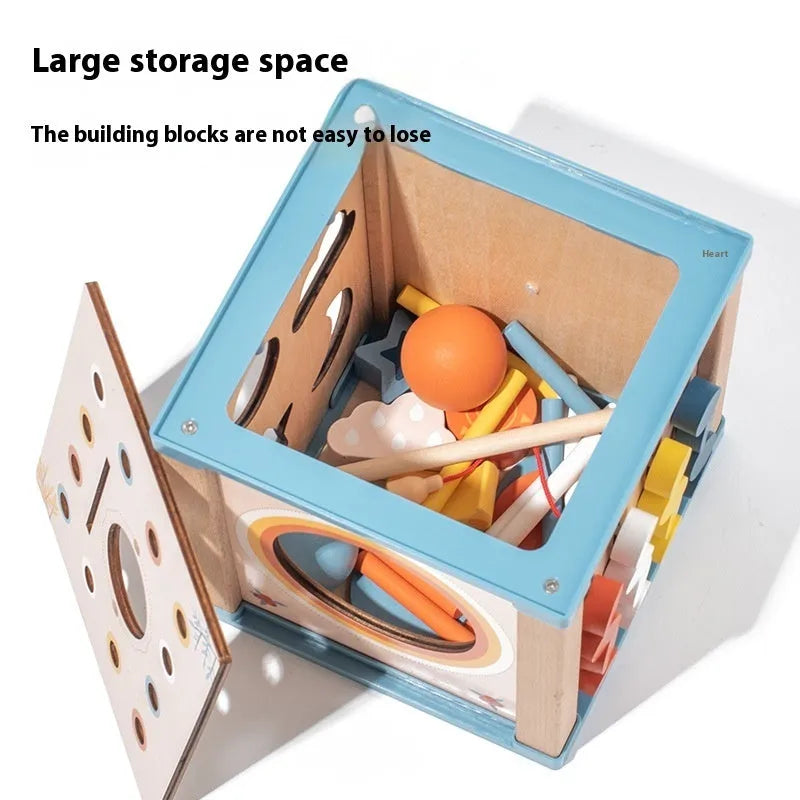 Wooden multifunctional building blocks treasure chest in Intelligence Box colour, 16.5cm cube for children aged 4-6