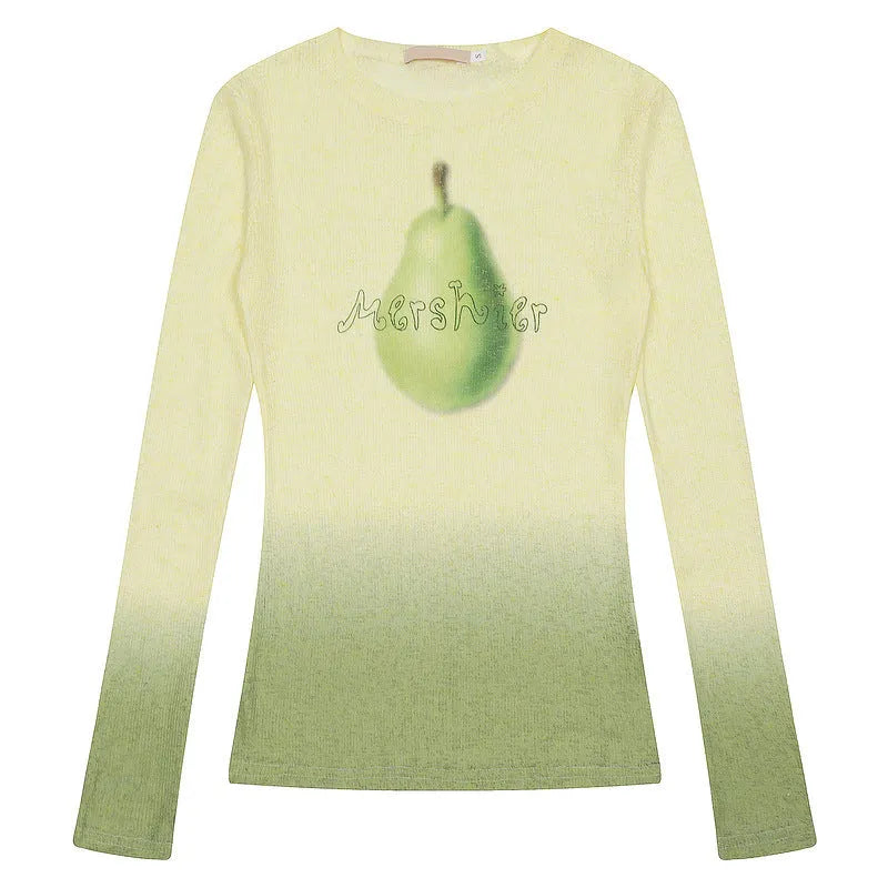 Women's yellow green gradient floral print long-sleeved polyester t-shirt