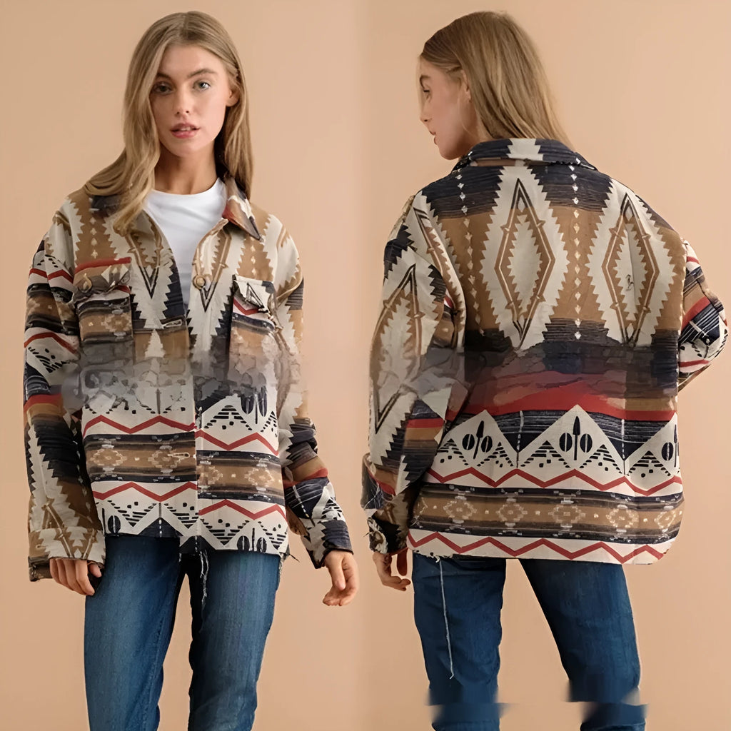 Women's loose-fit Aztec print woolen coat in retro style, shown in army green colour with long sleeves.