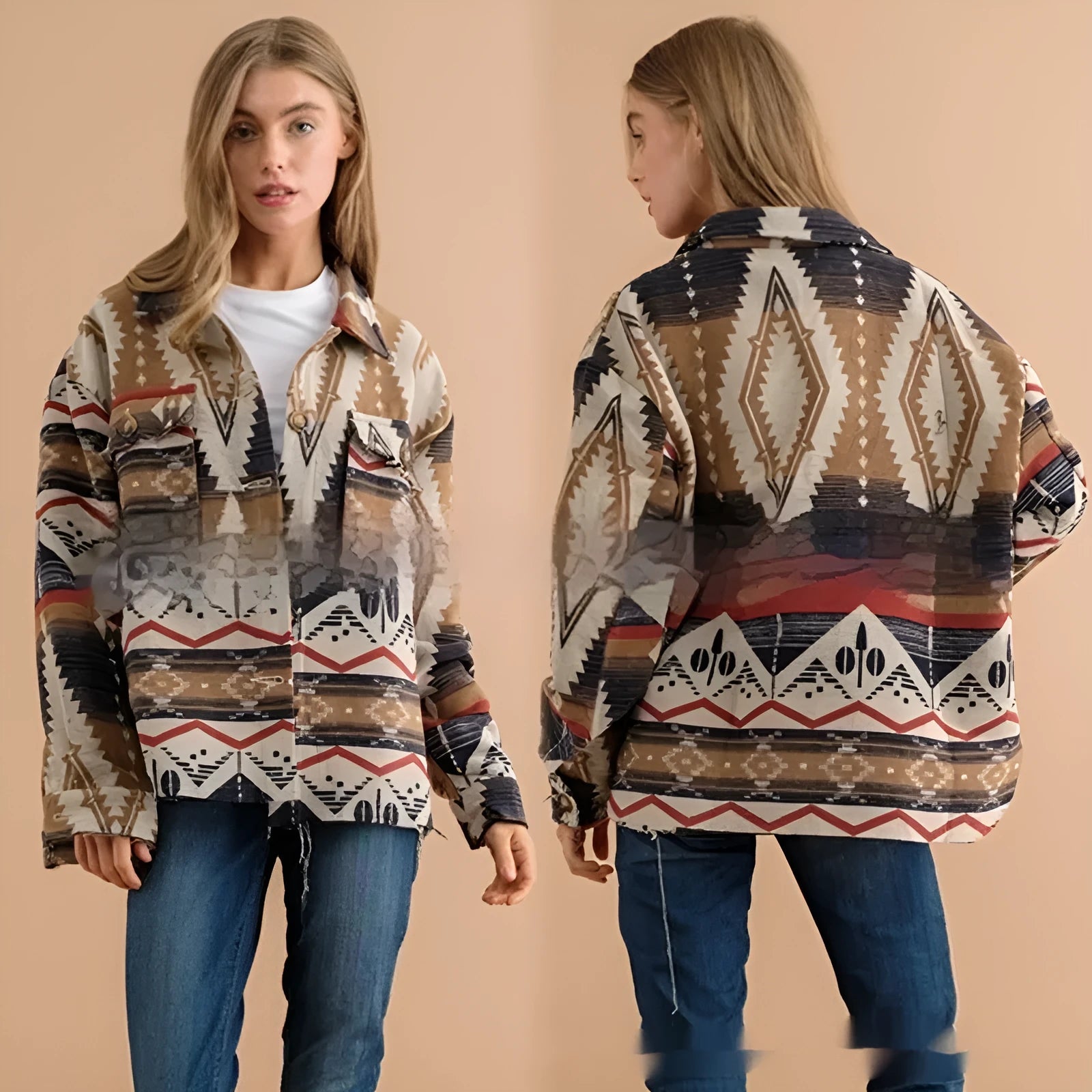 Women's loose-fit Aztec print woolen coat in retro style, shown in army green colour with long sleeves.