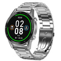 Black smart sports watch with a 1.3 inch touchscreen display on a genuine leather strap with a buckle.