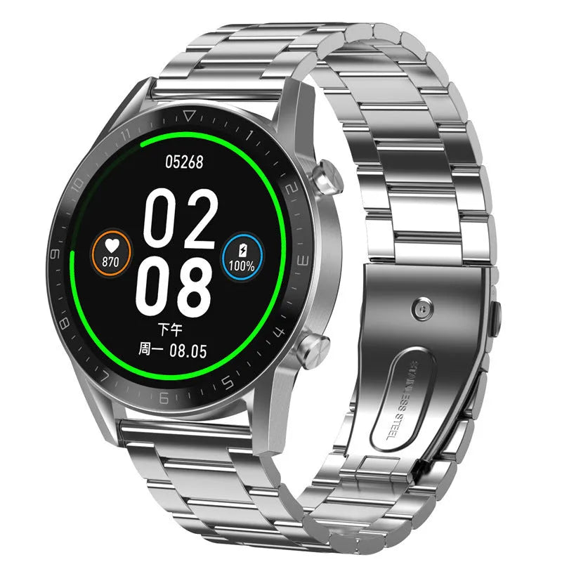 Black smart sports watch with a 1.3 inch touchscreen display on a genuine leather strap with a buckle.