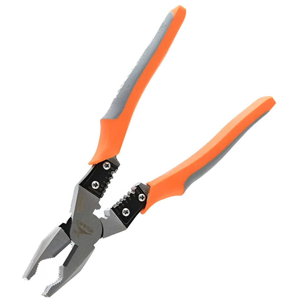 Orange multi-function wire cutter pliers with forged steel head and textured PVC handles.