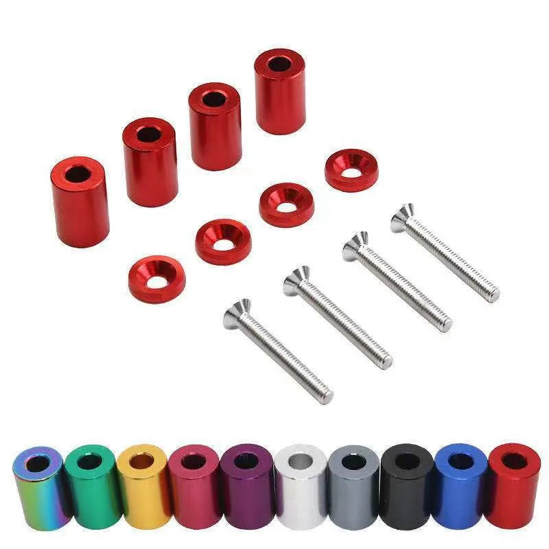 Aluminium alloy car machine cover spacer kit with screws, nuts, washers in black, blue, and red colours