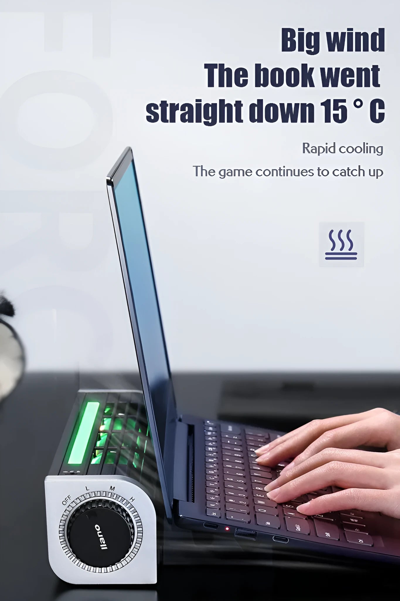 Black laptop cooling pad with dual fans and adjustable support legs for improved laptop temperature management