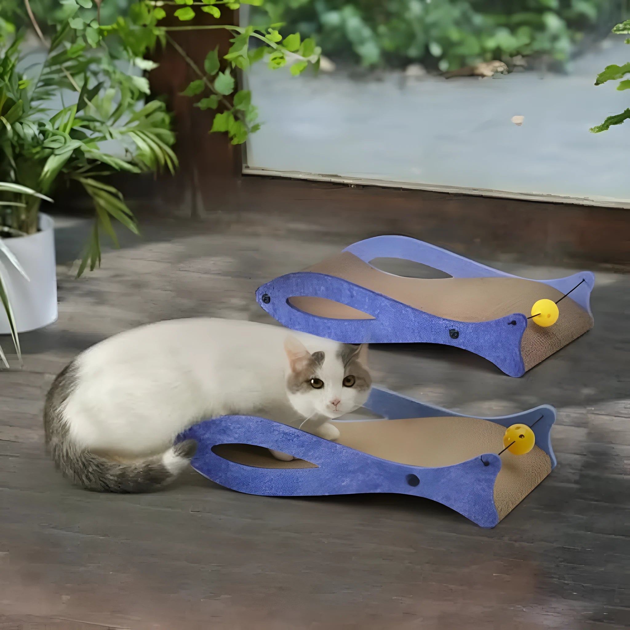 Blue fish-shaped cat scratcher with bell toy on elastic cord, corrugated cardboard construction
