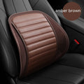 Leather lumbar support cushion for car seats and office chairs shown in one of five colours: sapphire blue, amber brown, black, ivory, or pink.