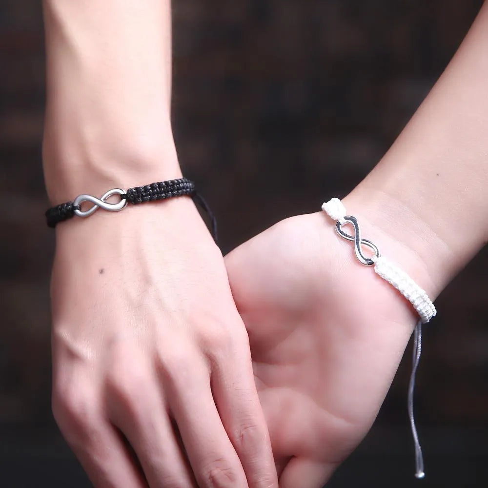 Pair of hand-woven adjustable couple bracelets in alloy electroplating weaving, 17-28cm, 8-character lucky design