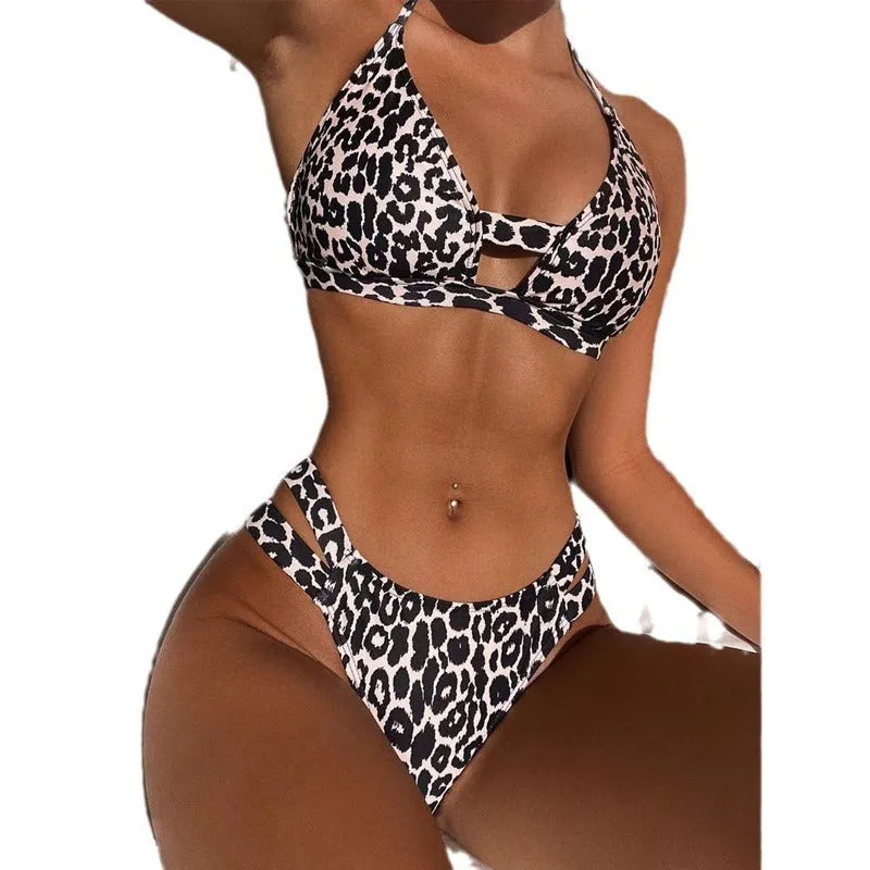 Women's leopard-print high-waist bikini set in polyester for swimming and wading, sizes S M L
