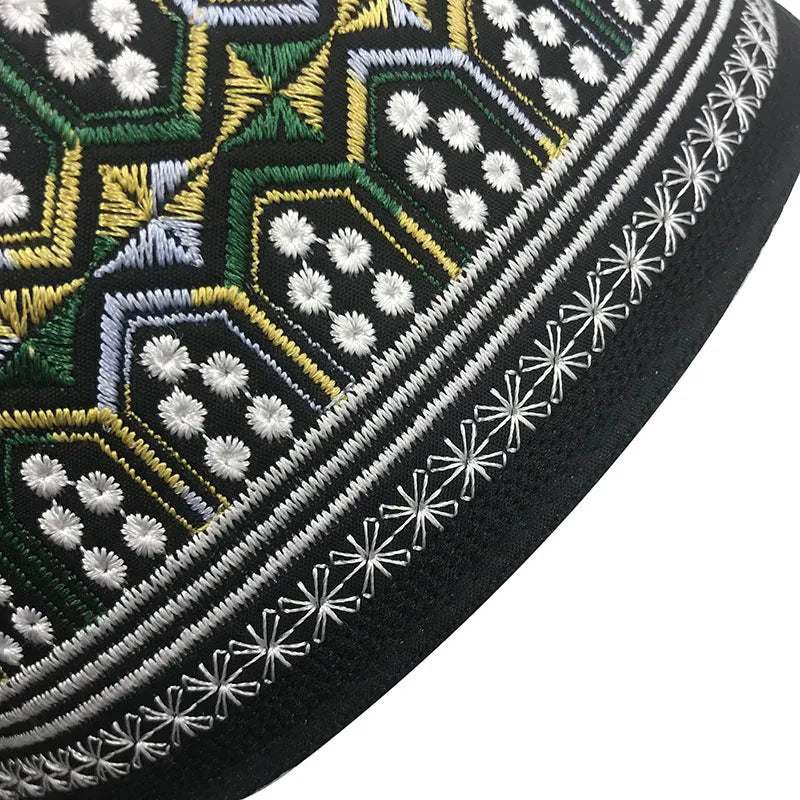 Flat top cotton Muslim hat for men in yellow green with embroidered detailing