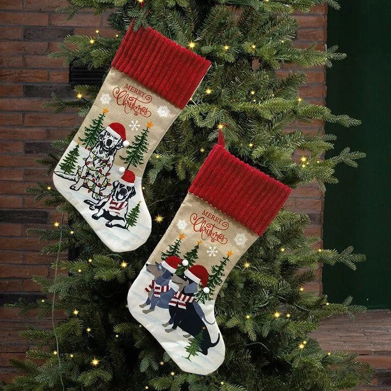 Cloth fabric Christmas stocking decoration with pendant charm measuring 46 by 28 centimetres