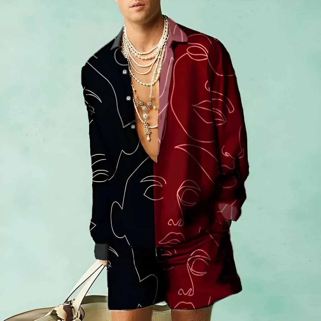 Men's casual summer shirt and shorts set in slim fit style with long sleeves and colour matching pattern