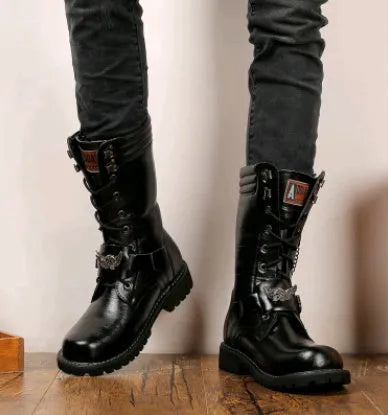 Black PU leather men's Martin boots with round toe and flat heel