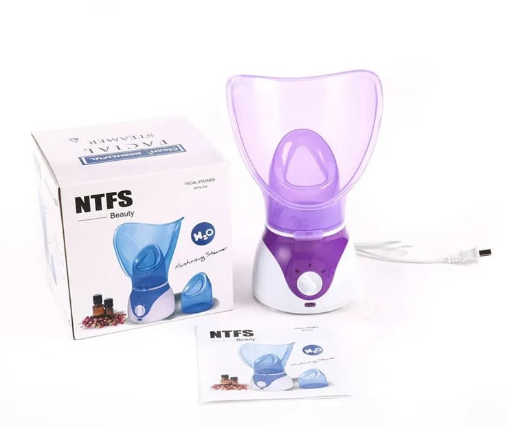 AIDU ion hot spray facial steamer with purple decorative ring and face mask