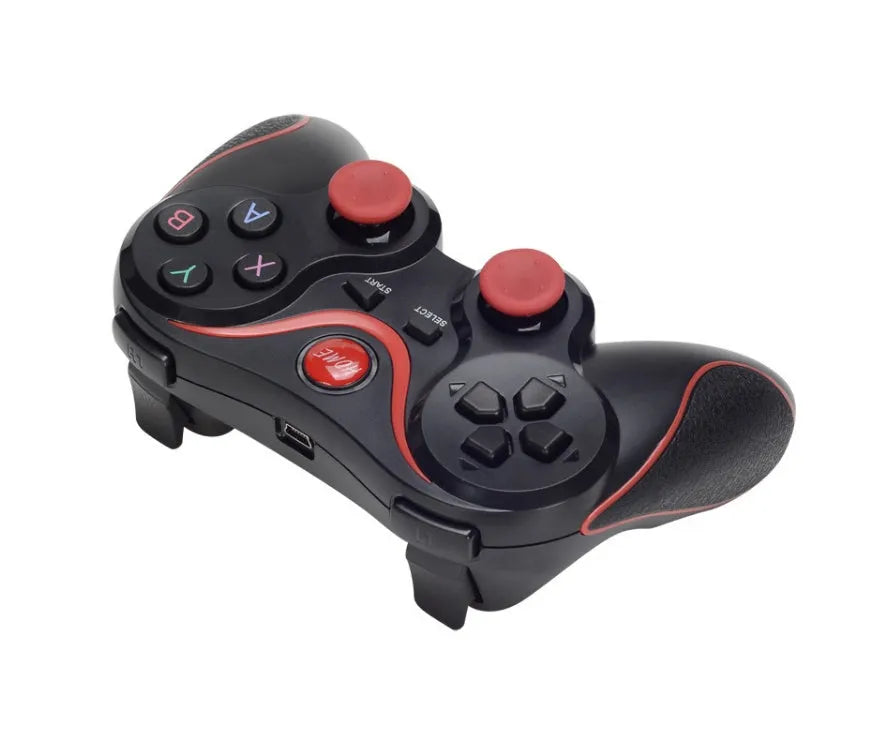 Black X3 wireless Bluetooth Android game controller with phone clip attached to smartphone