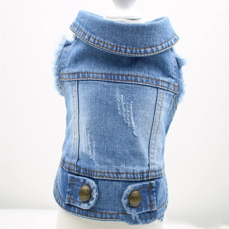 Denim dog vest with retro scratch pattern in dark and light wash colours for small to medium breeds
