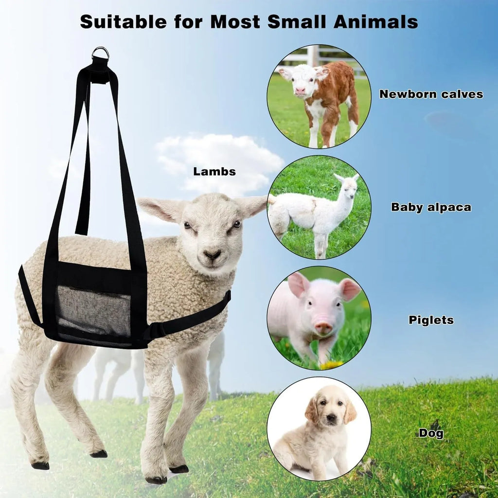 Black woven fabric sling for weighing calves and large dogs, shown with four attachment loops.