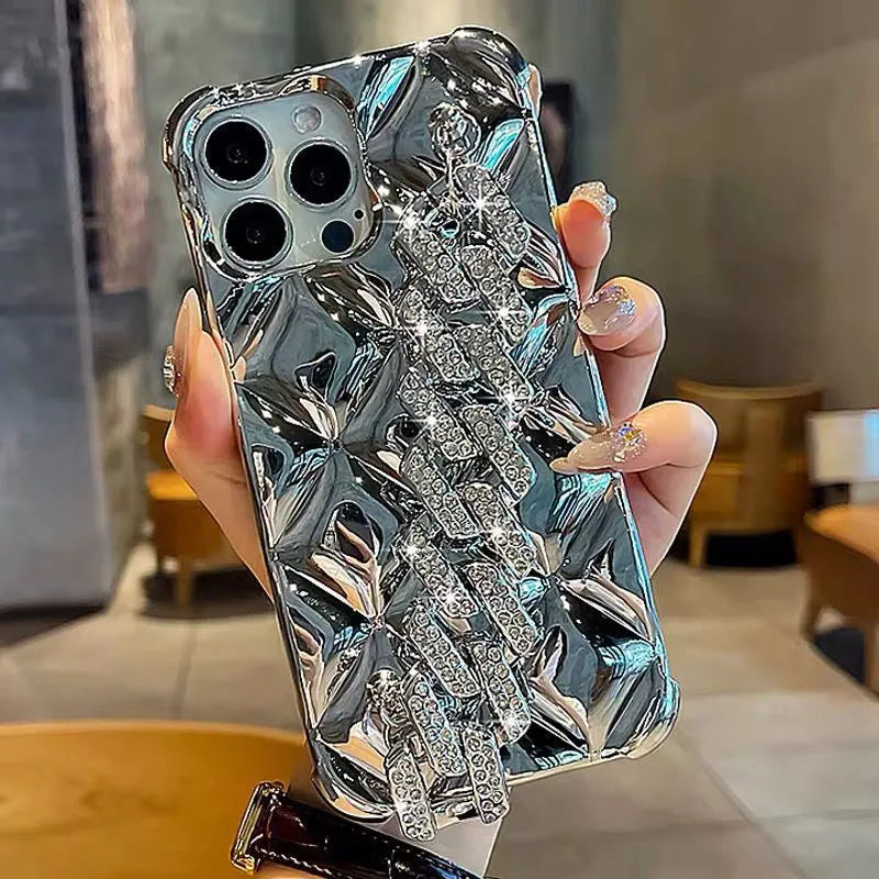 iPhone case with a connected chain bracelet and flash diamond lock on a TPU case with a plated rhombus pattern