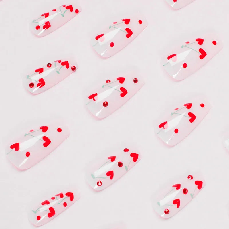 French love red diamond small cherry nail art decorations, 24 armour sheets with adhesive glue