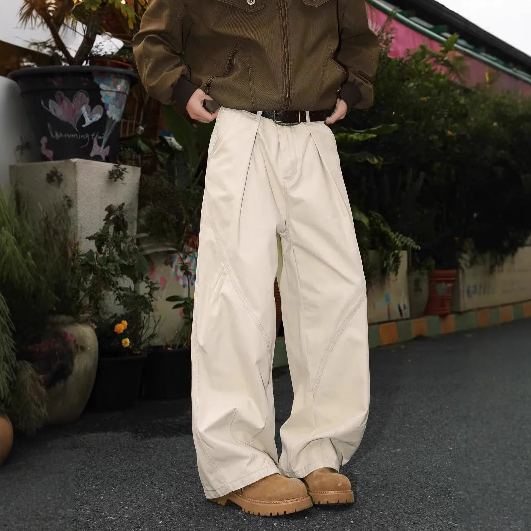 Men's pleated straight-leg trousers in a striped pattern, shown in apricot colour.
