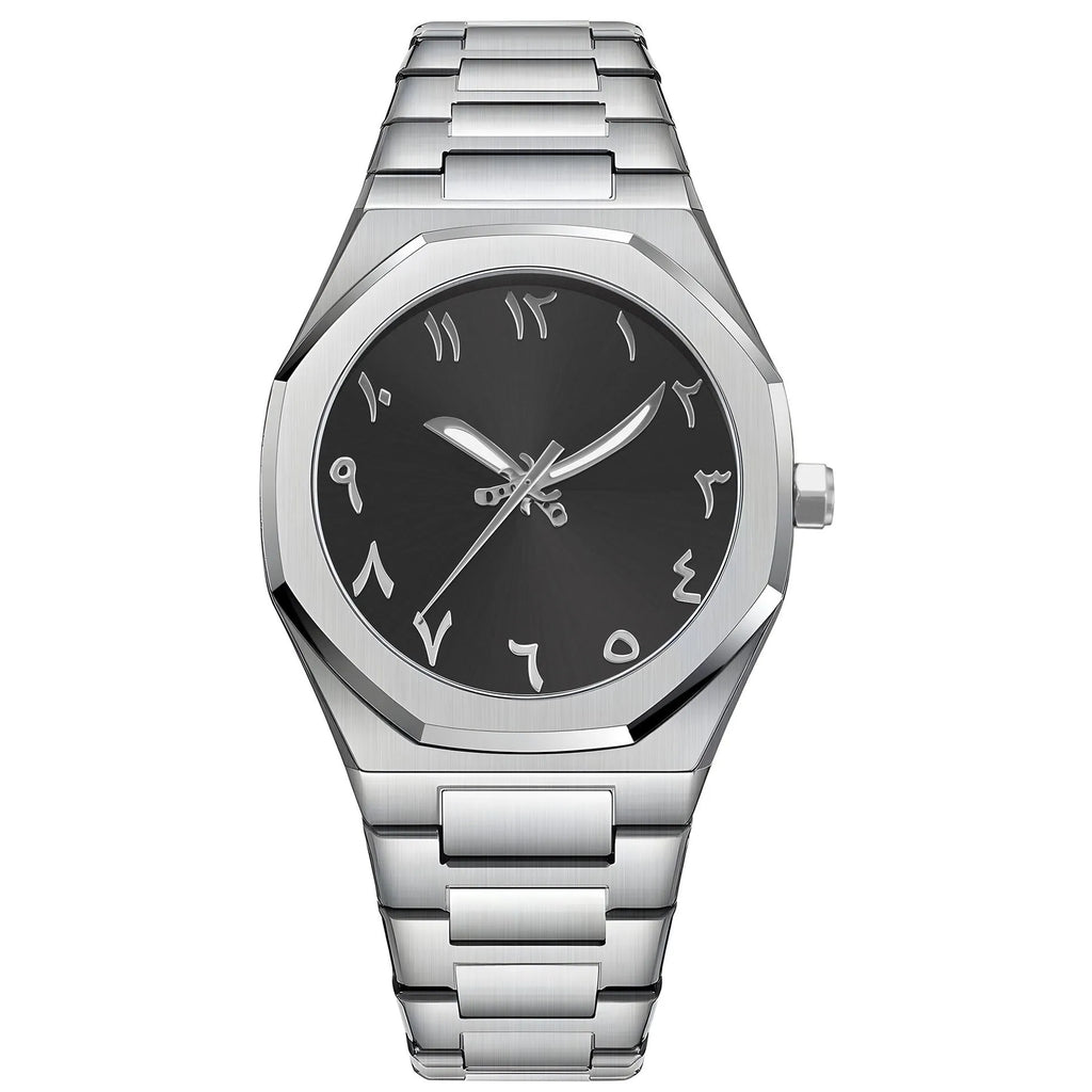 Men's business casual watch with stainless steel belt and black dial, 10mm thickness