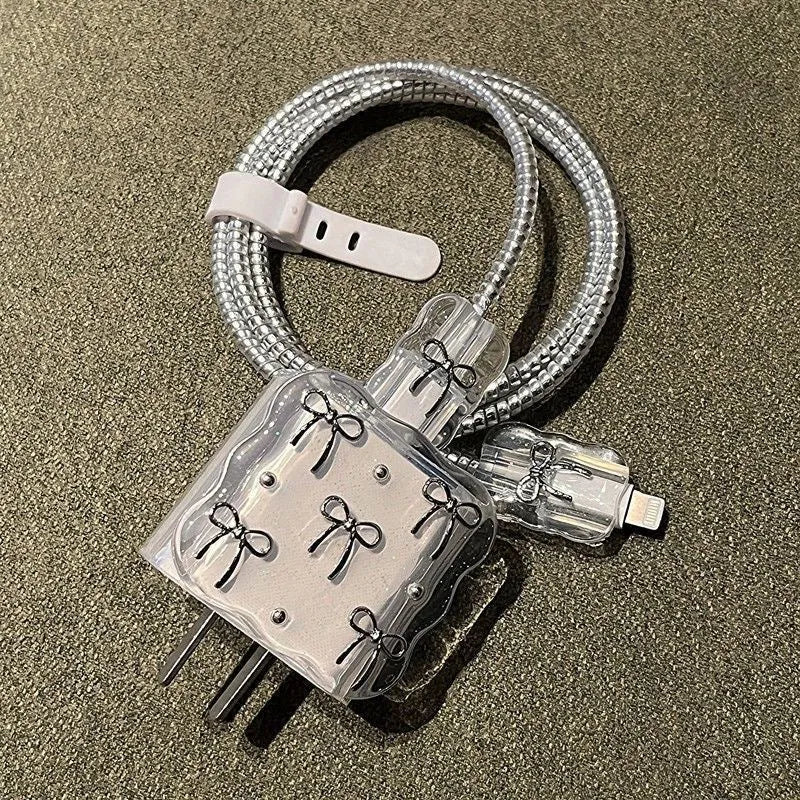 Transparent TPU charger cover set with bow design, 5-piece kit for 20W charger head and cable protection