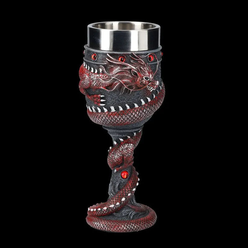 Stainless steel red wine glass with 3D Chinese dragon design in gold colour option