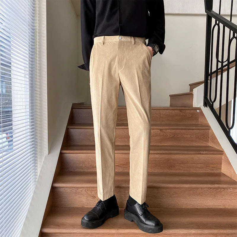 Men's wool straight-leg trousers in black, mid waist, non-iron, sizes 28-38