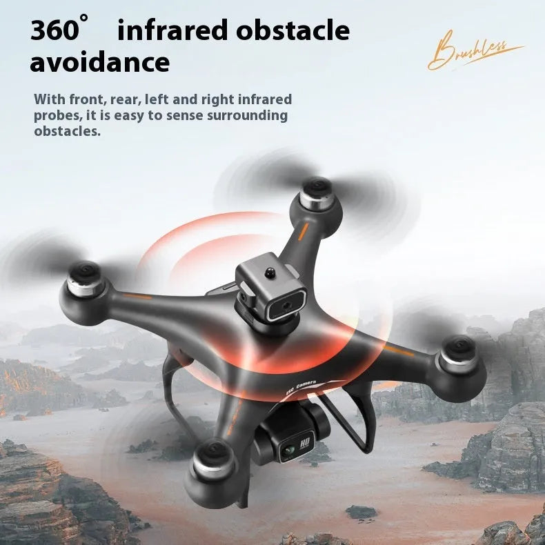 Black S116 brushless toy UAV drone with four propellers, shown with its remote control.