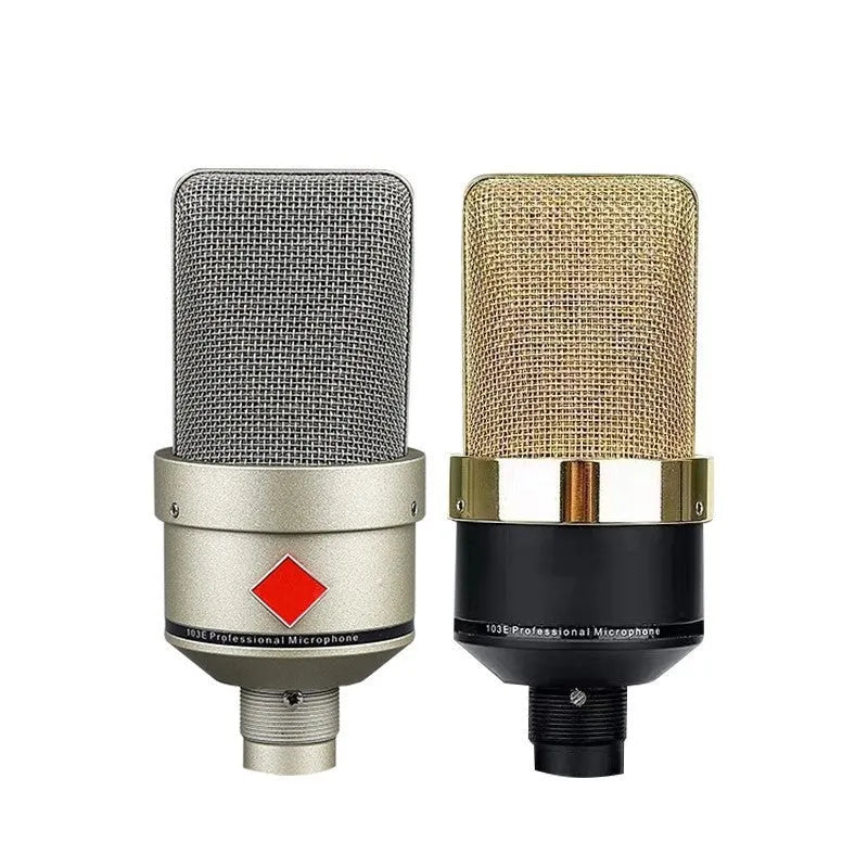 Wired condenser microphone in champagne gold colour with included stand and cable for recording