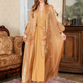 Blue Arabic two-piece formal dress set with rhinestone detailing and long sleeves.