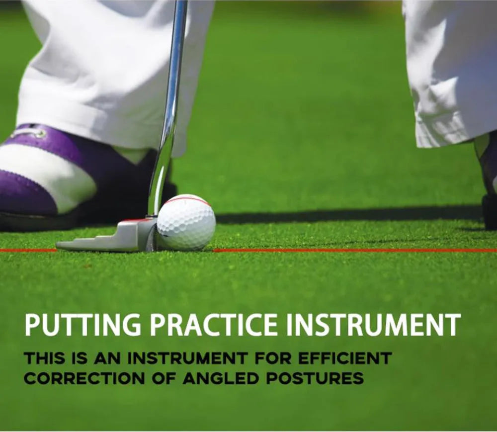 Matte black golf laser aiming instrument attached to putter for alignment practice