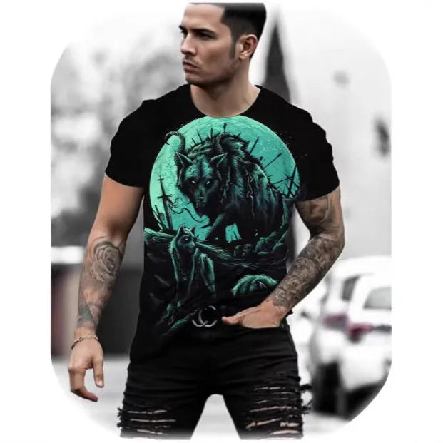 Men's short-sleeved T-shirt with retro 3D animal digital print on thin bird eye cloth polyester fabric