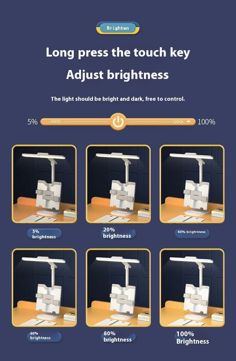 Adjustable reading bookshelf lamp with three colour temperature settings on a desk