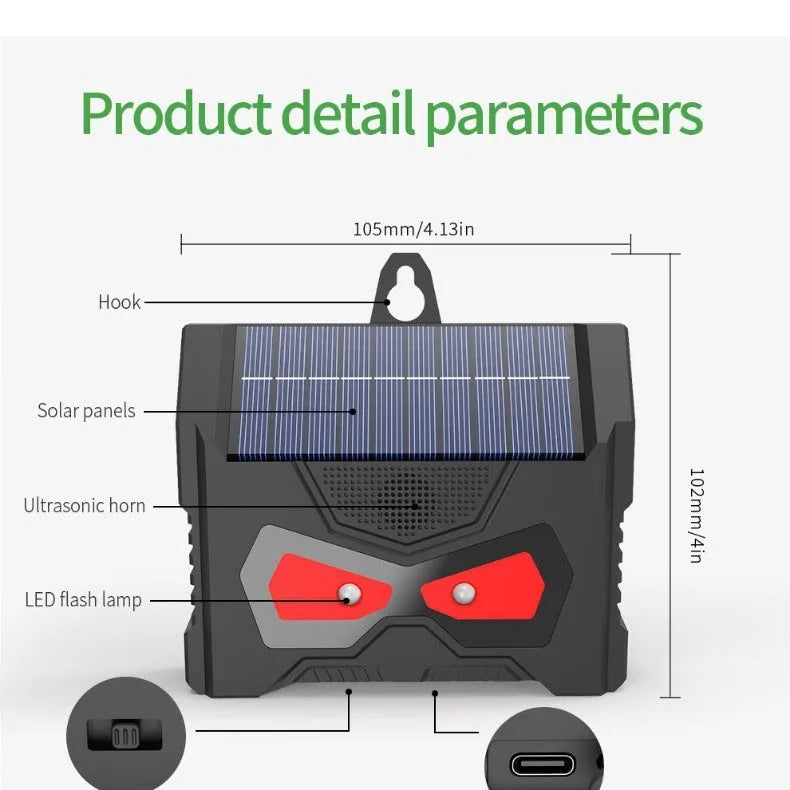 Black solar-powered ultrasonic animal repeller device for outdoor garden pest control