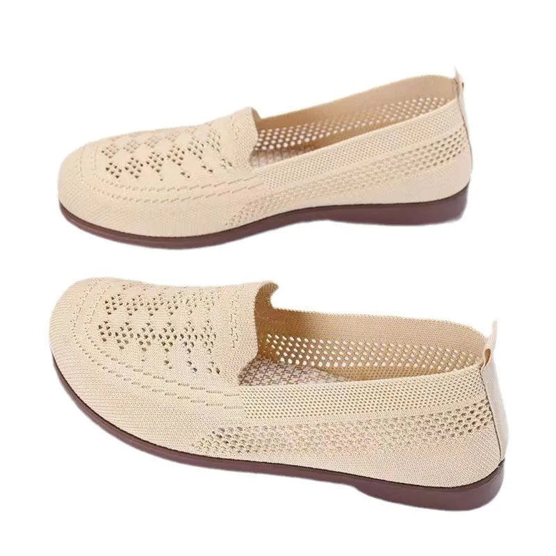 Women's beige anti-skid tennis shoes with mesh uppers and PVC soles for wide feet