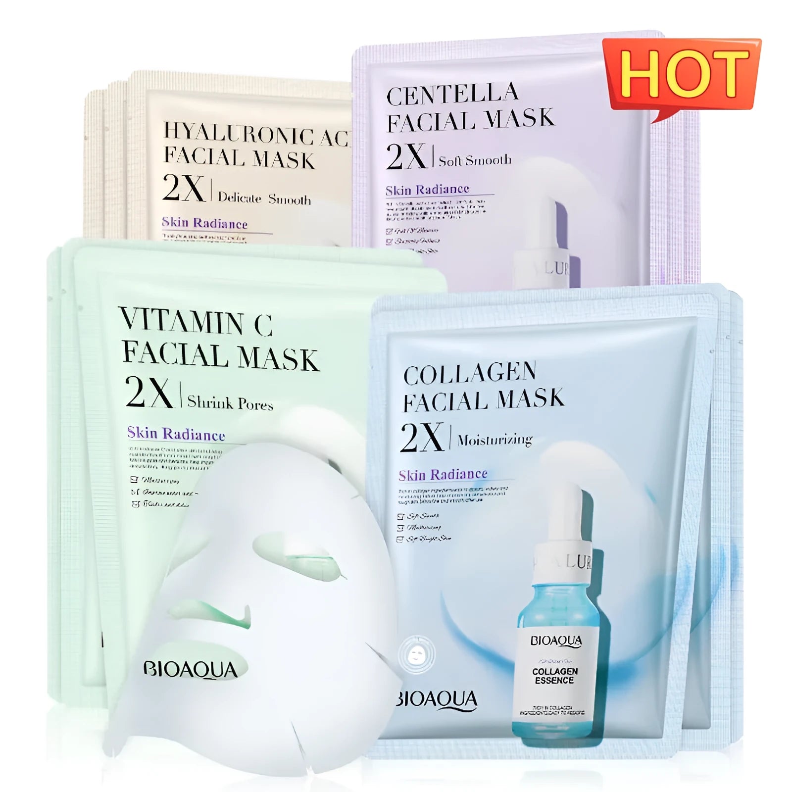 Collagen face mask sheet in sachet with 30g collagen, hyaluronic acid, vitamin C or Centella Asiatica formula