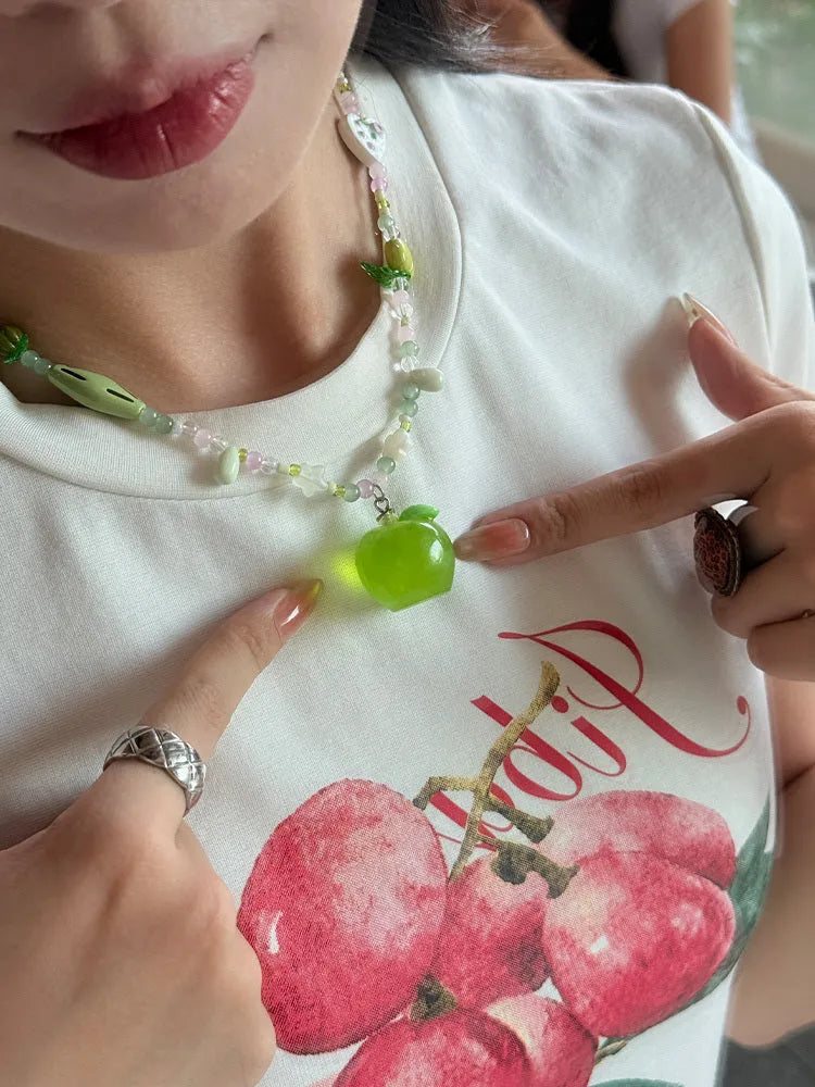 Beaded pendant necklace clavicle chain green apple green colour alloy resin colourful little flower option vacation style