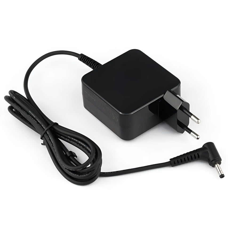 Black 45W laptop power adapter with US DC connector measuring 99.3mm by 36.5mm by 61.8mm