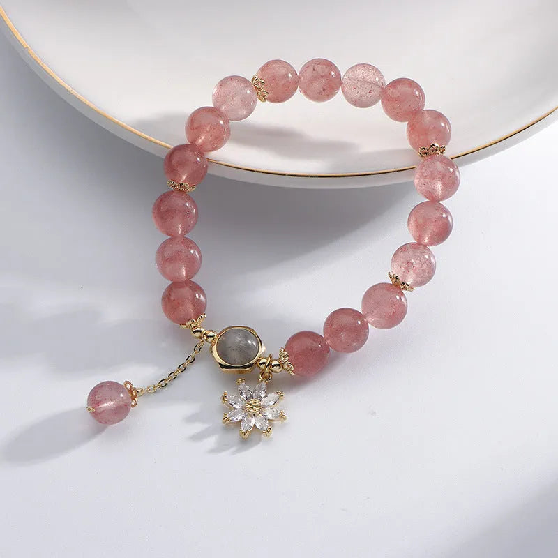 Mori style strawberry quartz crystal bracelet with electroplated finish and floral elements