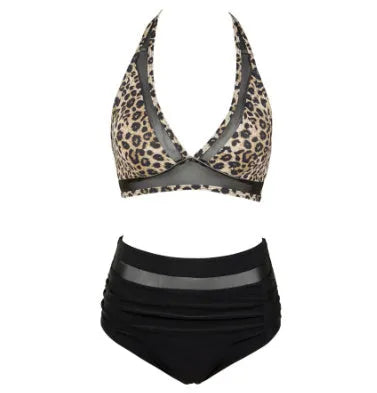Women's black polyester split bikini swimsuit with separate top and bottom pieces