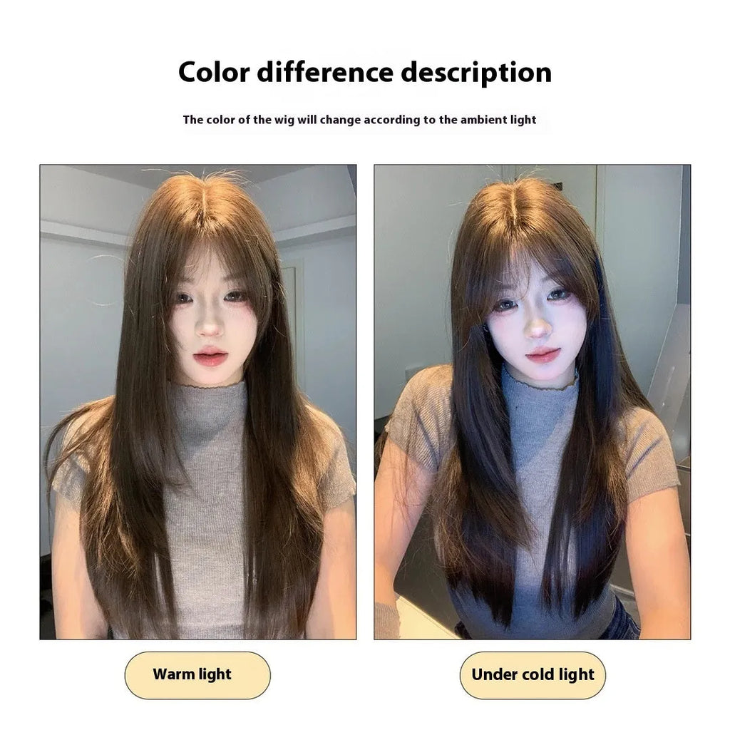 Women's cold brown long straight layered wig made from high temperature fibre with full-head coverage