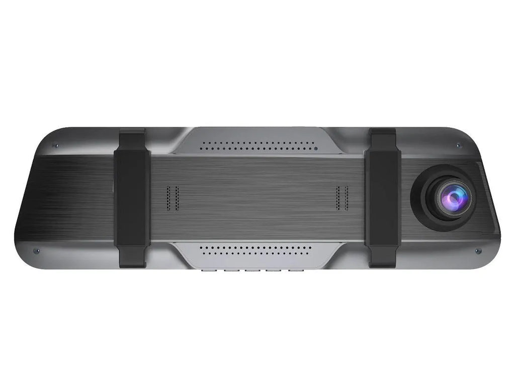 Black rearview mirror dash cam with 10-inch touch display showing road recording