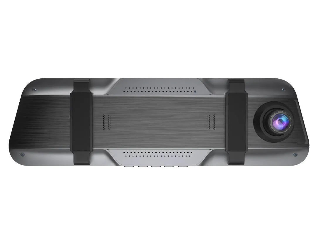 Black rearview mirror dash cam with 10-inch touch display showing road recording