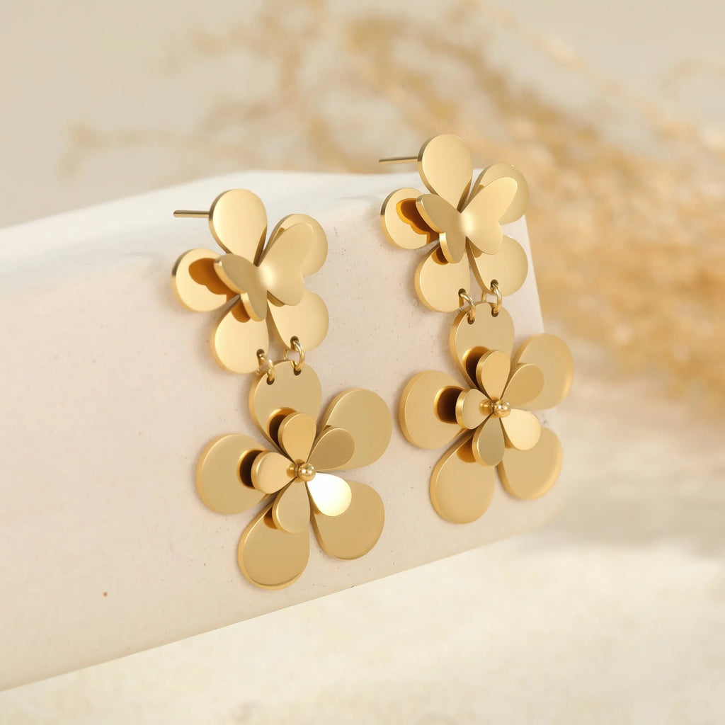 Women's stainless steel earrings with flower butterfly design in electroplated 18K gold colour